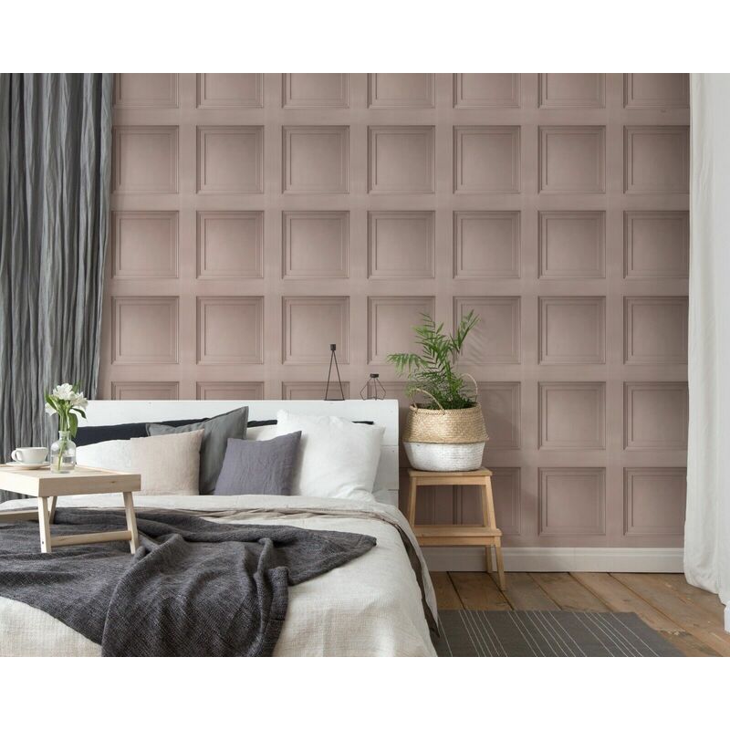 Blush Pink Wooden Panel 3D Effect Realistic Square Panelling Flat Wallpaper