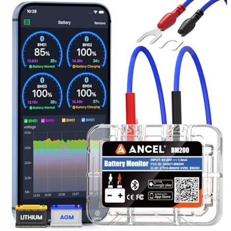 BM200Blue Bluetooth 4.2 Moniteur de Batterie - Testeur Voiture 12V Battery Monitor pour les Batteries au Lithium et Plomb-acide avec test charge démarrage Alarme