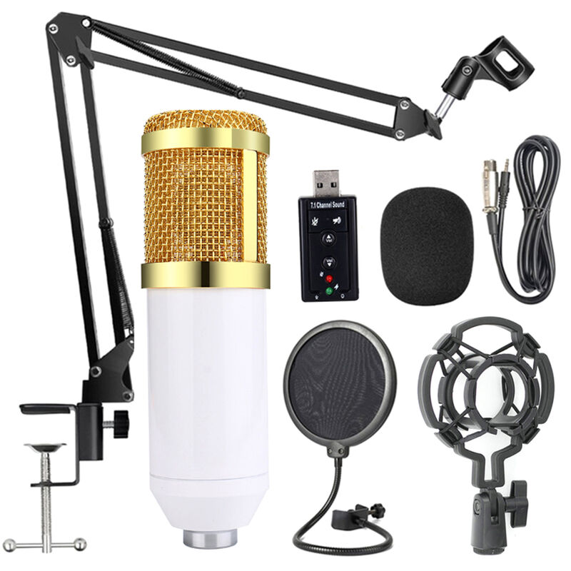 

BM800 Kit de microfono de suspension profesional Studio Live Stream Broadcasting Recording Juego de microfono de condensador,Oro blanco