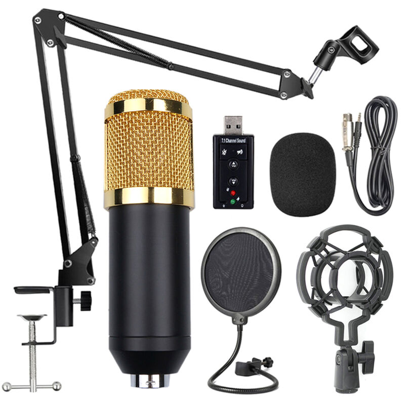 

BM800 Kit de microfono de suspension profesional Studio Live Stream Broadcasting Recording Juego de microfono de condensador, Oro negro