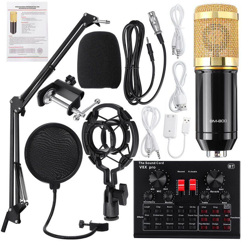 

BM800 Pro Audio Micrófono Mezclador dj Condensador Soporte de micrófono USB Inalámbrico Karaoke KTV Grabación profesional Tarjeta de sonido Bluetooth