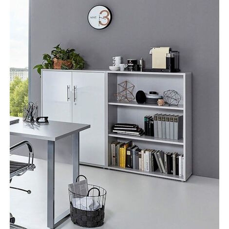 BMG Möbel abschließbare Regalwand/Schrankwand, Office Edition Set 1, niedrig, grau/ weiß matt