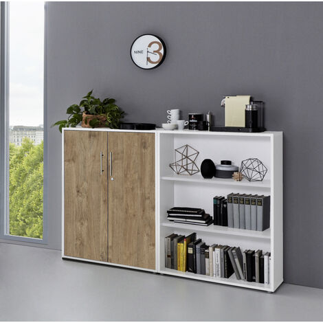 BMG Möbel abschließbare Regalwand/Schrankwand, Office Edition Set 1, niedrig, weiß / Gold Harbor Oak
