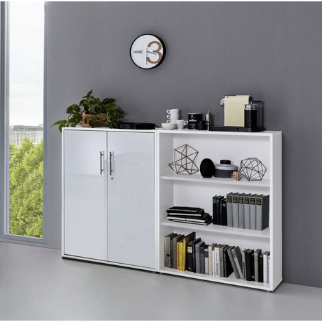 BMG Möbel abschließbare Regalwand/Schrankwand, Office Edition Set 1, niedrig, weiß / weiß hochglanz