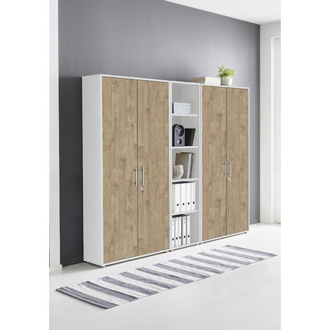 BMG Möbel abschließbare Regalwand/Schrankwand, Office Edition Set 10, weiß / Gold Harbor Oak