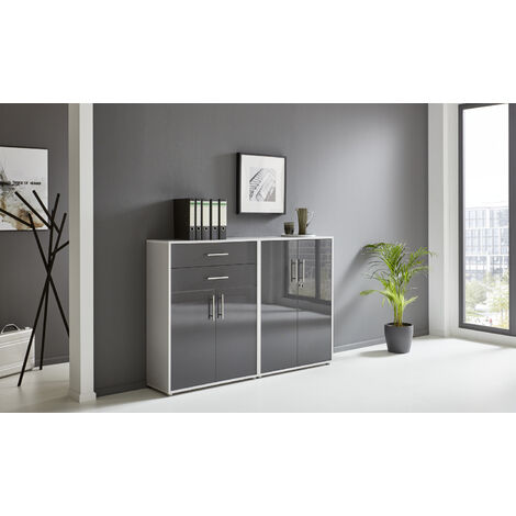 BMG Möbel abschließbare Regalwand/Schrankwand, Office Edition Set 12, grau/ anthrazit hochglanz