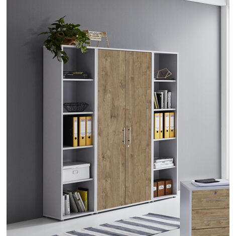 BMG Möbel abschließbare Regalwand/Schrankwand, Office Edition Set 3, grau/ gold harbor oak