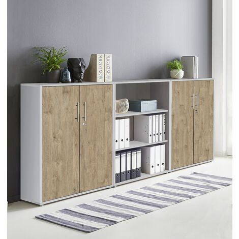 BMG Möbel abschließbare Regalwand/Schrankwand, Office Edition Set 9, grau/ gold harbor oak