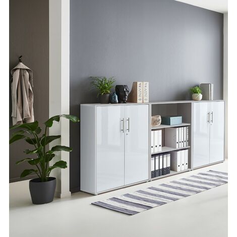 BMG Möbel abschließbare Regalwand/Schrankwand, Office Edition Set 9, grau/ weiß matt