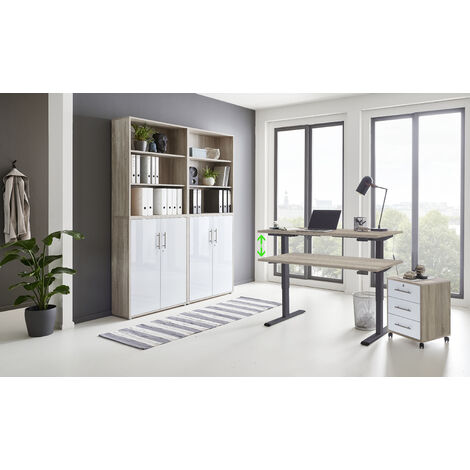 BMG Möbel Büromöbel komplett Set mit elektrisch höhenverstellbaren Schreibtisch Arbeitszimmer e-Dition in Eiche Sonoma/weiß Hochglanz lackiert/Gestell anthrazit