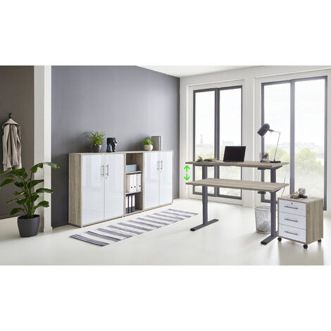 BMG Möbel Büromöbel komplett Set mit elektrisch höhenverstellbaren Schreibtisch Arbeitszimmer e-Dition in Eiche Sonoma/weiß Hochglanz lackiert/Gestell anthrazit