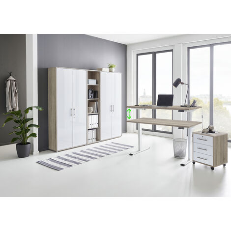 BMG Möbel Büromöbel komplett Set mit elektrisch höhenverstellbaren Schreibtisch Arbeitszimmer e-Dition in Eiche Sonoma/weiß Hochglanz lackiert/Gestell weiß
