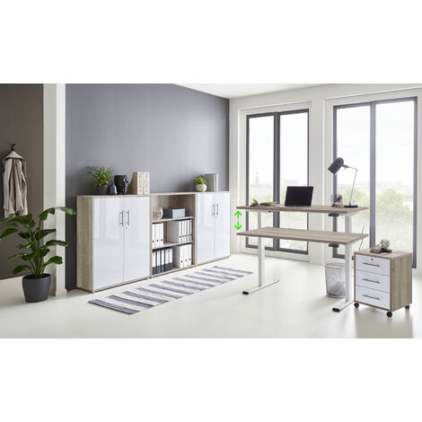 BMG Möbel Büromöbel komplett Set mit elektrisch höhenverstellbaren Schreibtisch Arbeitszimmer e-Dition in Eiche Sonoma/weiß matt Gestell weiß