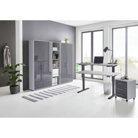 BMG Möbel Büromöbel komplett Set mit elektrisch höhenverstellbaren Schreibtisch Arbeitszimmer e-Dition in lichtgrau/anthrazit Hochglanz lackiert/Gestell anthrazit