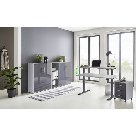 BMG Möbel Büromöbel komplett Set mit elektrisch höhenverstellbaren Schreibtisch Arbeitszimmer e-Dition in lichtgrau / anthrazit Hochglanz lackiert/Gestell anthrazit