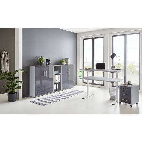 BMG Möbel Büromöbel komplett Set mit elektrisch höhenverstellbaren Schreibtisch Arbeitszimmer e-Dition in lichtgrau / anthrazit Hochglanz lackiert Gestell weiß