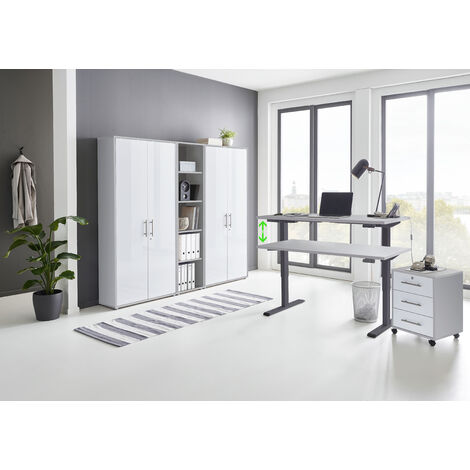 BMG Möbel Büromöbel komplett Set mit elektrisch höhenverstellbaren Schreibtisch Arbeitszimmer e-Dition in lichtgrau/weiß Hochglanz lackiert/Gestell anthrazit