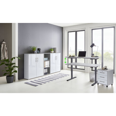 BMG Möbel Büromöbel komplett Set mit elektrisch höhenverstellbaren Schreibtisch Arbeitszimmer e-Dition in lichtgrau/weiß Matt Gestell anthrazit