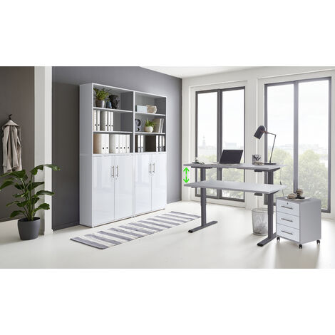 BMG Möbel Büromöbel komplett Set mit elektrisch höhenverstellbaren Schreibtisch Arbeitszimmer e-Dition in lichtgrau/weiß Matt Gestell anthrazit