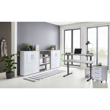 BMG Möbel Büromöbel komplett Set mit elektrisch höhenverstellbaren Schreibtisch Arbeitszimmer e-Dition in lichtgrau/weiß Matt Gestell anthrazit