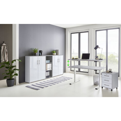 BMG Möbel Büromöbel komplett Set mit elektrisch höhenverstellbaren Schreibtisch Arbeitszimmer e-Dition in lichtgrau/weiß Matt Gestell weiß