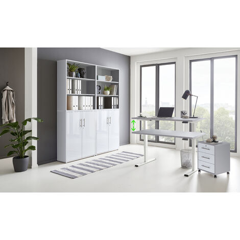 BMG Möbel Büromöbel komplett Set mit elektrisch höhenverstellbaren Schreibtisch Arbeitszimmer e-Dition in lichtgrau/weiß Matt Gestell weiß