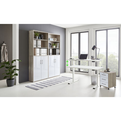 BMG Möbel Büromöbel komplett Set mit elektrisch höhenverstellbaren Schreibtisch in weiß Arbeitszimmer e-Dition in Eiche Sonoma/weiß Hochglanz lackiert/Gestell weiß