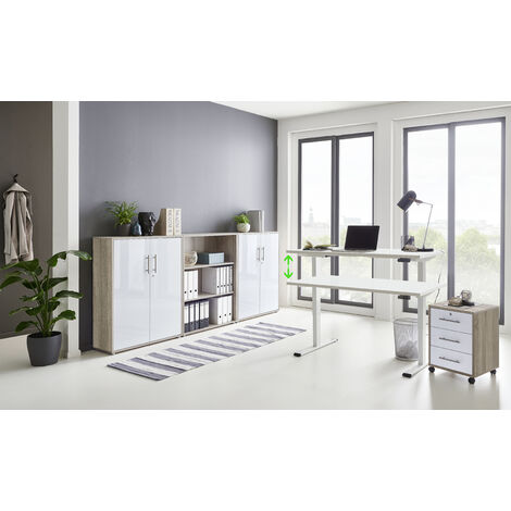 BMG Möbel Büromöbel komplett Set mit elektrisch höhenverstellbaren Schreibtisch in weiß Arbeitszimmer e-Dition in Eiche Sonoma/weiß Hochglanz lackiert/Gestell weiß