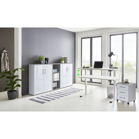 BMG Möbel Büromöbel komplett Set mit elektrisch höhenverstellbaren Schreibtisch in weiß Arbeitszimmer e-Dition in lichtgrau/weiß Hochglanz lackiert/Gestell weiß