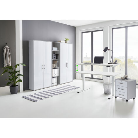 BMG Möbel Büromöbel komplett Set mit elektrisch höhenverstellbaren Schreibtisch in weiß Arbeitszimmer e-Dition in lichtgrau/weiß Matt/Gestell weiß