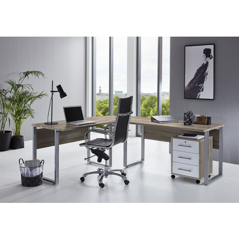 BMG Möbel Büromöbel-Set, Office Edition Set 0, Schreibtisch inklusive Rollcontainer abschließbar in eiche sonoma/ weiß hochglanz