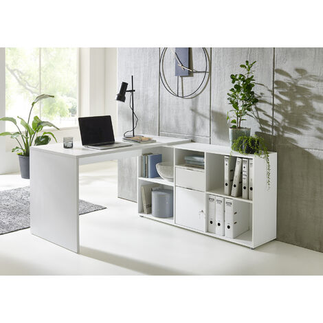 BMG Möbel Eckschreibtisch Lena in weiß mit abschließbarer Tür, Computertisch, Winkelschreibtisch, Homeoffice, Bürotisch, Made in Germany