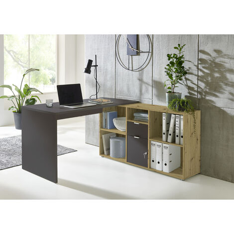 BMG Möbel Eckschreibtisch Lena (mit abschließbarer Tür, Computertisch, Homeoffice, Bürotisch) in anthrazit/ Artisan Eiche