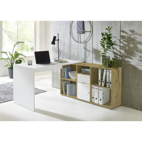 BMG Möbel Eckschreibtisch Lena (mit abschließbarer Tür, Winkelschreibtisch, Homeoffice, Bürotisch) in weiß/ Artisan Eiche