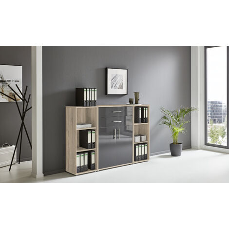 BMG Möbel Regalwand/Schrankwand, Office Edition Set 13, Eiche Sonoma / anthrazit hochglanz
