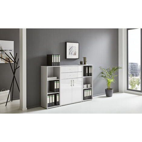 BMG Möbel Regalwand/Schrankwand, Office Edition Set 13, grau/ weiß hochglanz