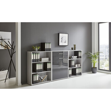 BMG Möbel Regalwand/Schrankwand, Office Edition Set 14, grau/ anthrazit hochglanz