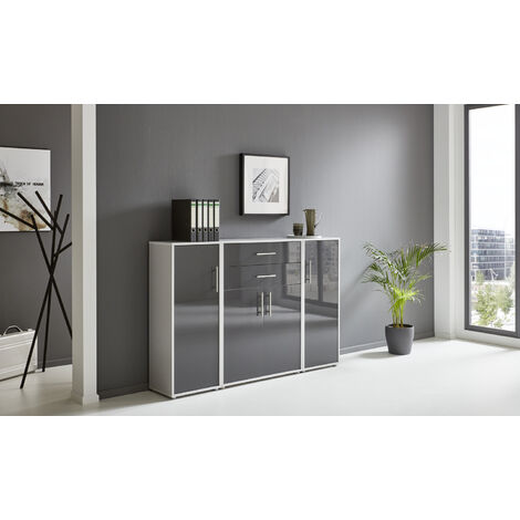 BMG Möbel Regalwand/Schrankwand, Office Edition Set 16, grau/ anthrazit hochglanz