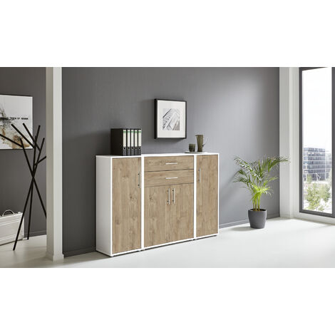 BMG Möbel Regalwand/Schrankwand, Office Edition Set 16, weiß / Gold Harbor Oak