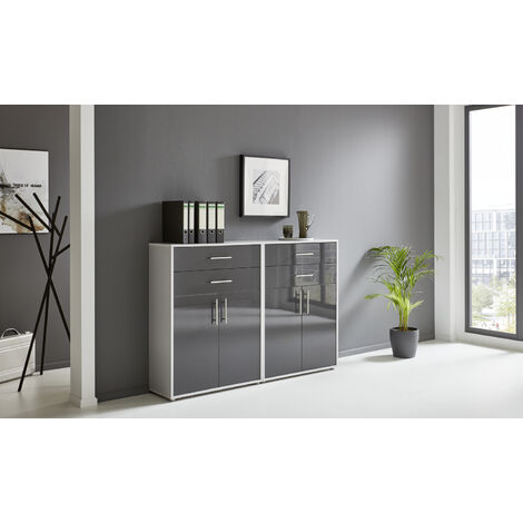 BMG Möbel Regalwand/Schrankwand, Office Edition Set 17, grau/ anthrazit hochglanz