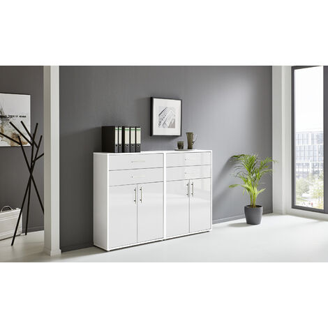 BMG Möbel Regalwand/Schrankwand, Office Edition Set 17, weiß / weiß hochglanz