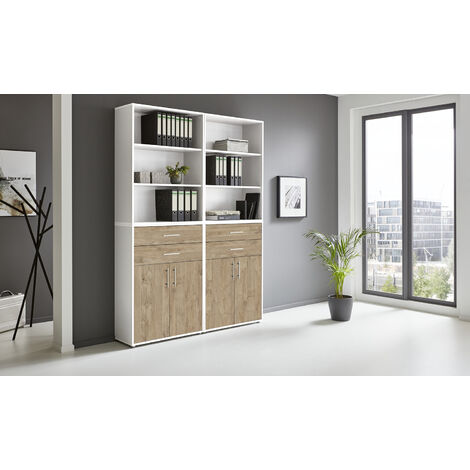 BMG Möbel Regalwand/Schrankwand, Office Edition Set 20, weiß / Gold Harbor Oak