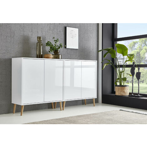 BMG Möbel Sideboard Mailand Set 2, grifflos, Holzfüße, Weiß/ Weiß hochglanz