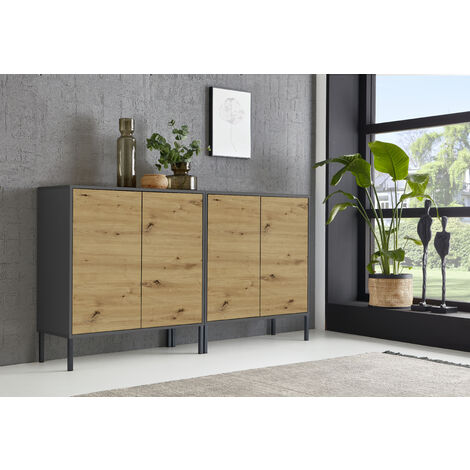 BMG Möbel Sideboard Mailand Set 2, grifflos, Metallfüße, Anthrazit/ Artisan Eiche