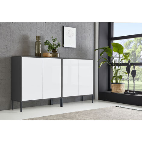 BMG Möbel Sideboard Mailand Set 2, grifflos, Metallfüße, Anthrazit/ Weiß