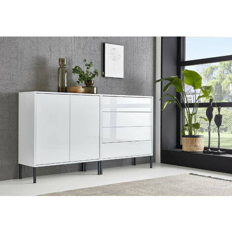 BMG Möbel Sideboard Mailand Set 3, grifflos, Metallfüße, Weiß/ Weiß hochglanz