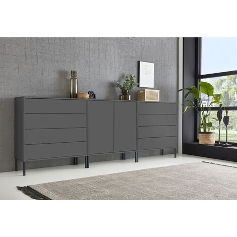 BMG Möbel Sideboard Mailand Set 4, grifflos, Metallfüße, Anthrazit