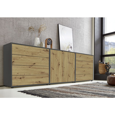 BMG Möbel Sideboard Mailand Set 4 (Schubladenkommode Kommode Anrichte, in anthrazit/Artisan Eiche), Push-to-open-Funktion