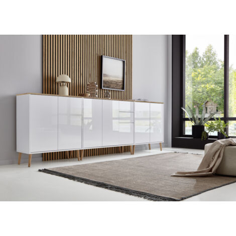 BMG Möbel Sideboard mit Holzfüße »Mailand Set 6«, Korpus weiß matt und weiß lackierte Hochglanzfronten, Oberboden in Artisan Eiche