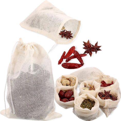 Boao Lot de 100 sachets à épices, sachets passoire en gaze, sachets à thé vides réutilisables, sachets à soupe avec cordon de serrage (10 x 15 cm)